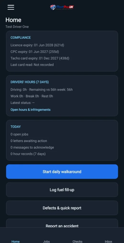 FleetPro UK mobile app home showing compliance expiries, drivers hours and start daily walkaround